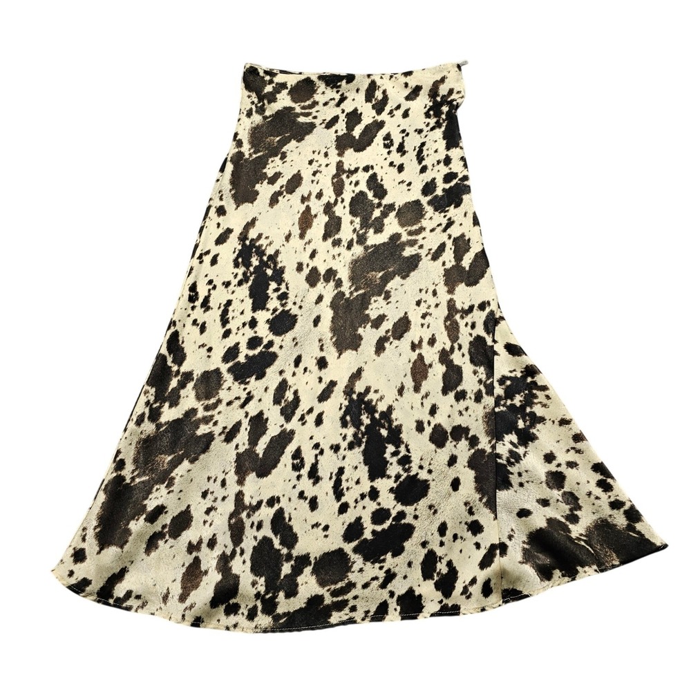 Zara Cow Print Midi Slip Skirt Brown Cream Western Animal Print Size S 6929/402